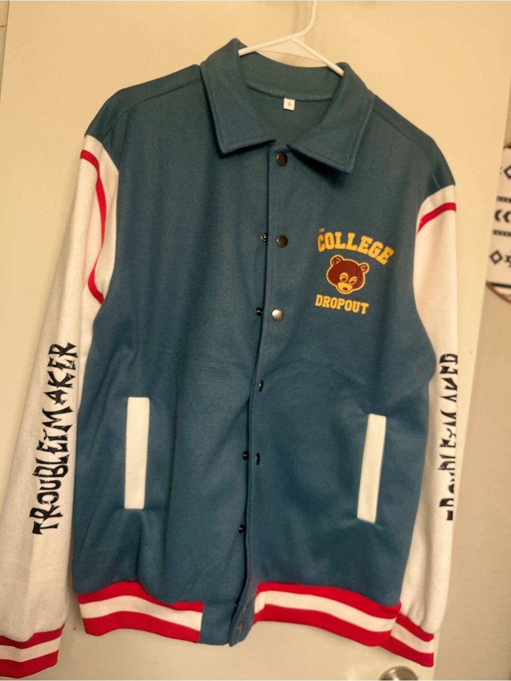 College Dropout Blue & White Varsity Jacket